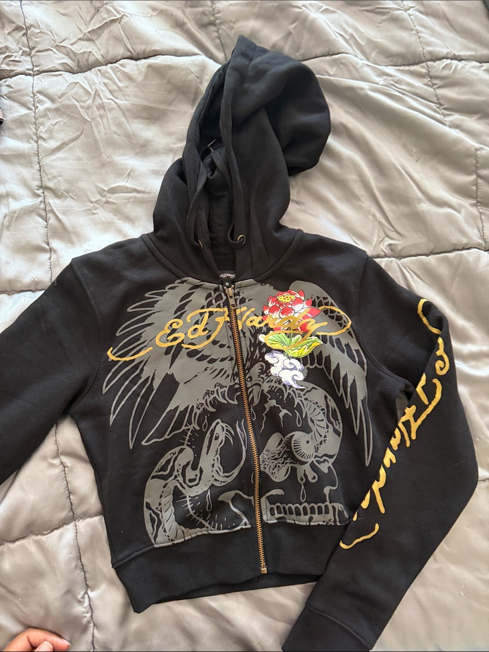 Ed Hardy Black Zip Hoodie with Yellow Script and Multicolor Floral Accent